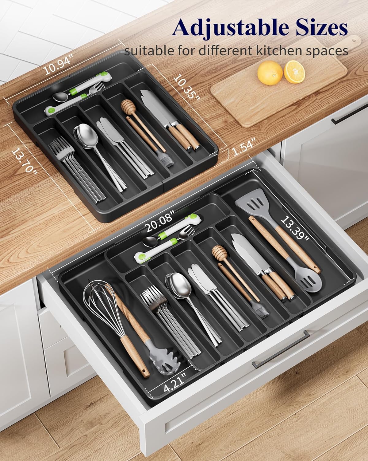 Kitsure Cutlery Drawer Organiser for Kitchen - Adjustable Cutlery Tray for Effortless Utensil Sorting, Versatile Kitchen Storage & Organisation Solution, 13.70" x 1.54" x 10.94"~20.08", Black