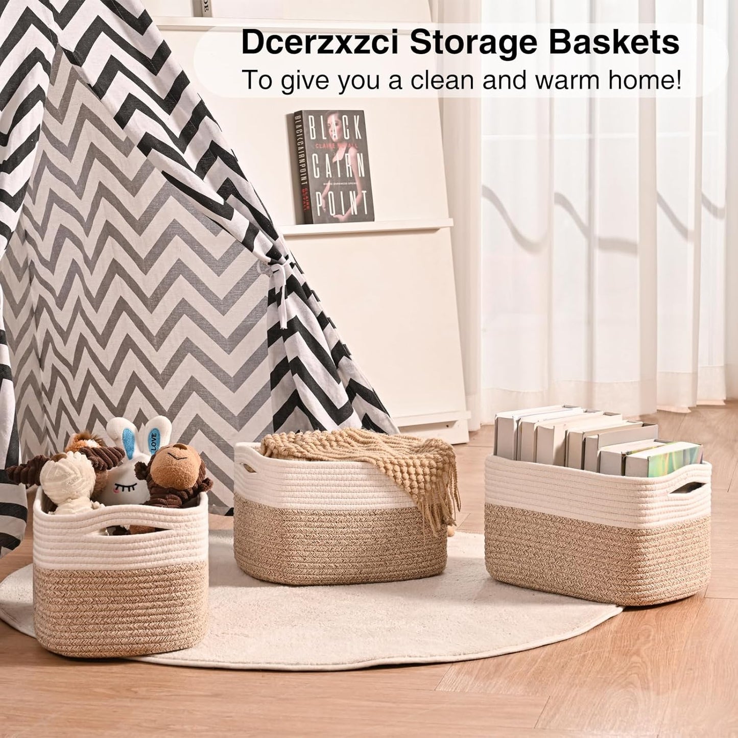 Small Storage Baskets for Organizing, Woven Storage Baskets for Shelves, Cotton Rope Basket for Storage, Cute Rectangular Book Toy Basket, 12.7"×9.1"×7.9", 4 Packs, Off White & Brown