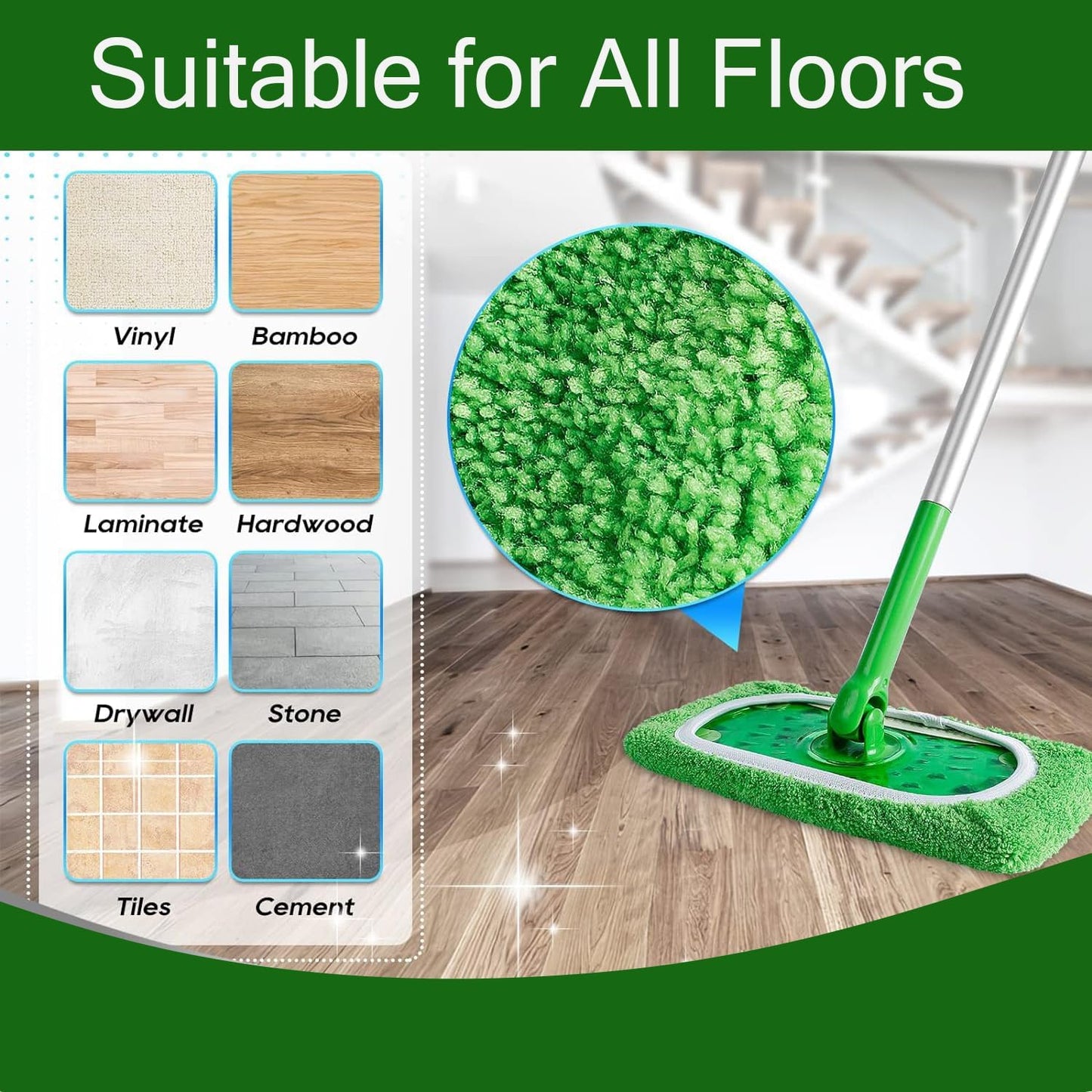Reusable Microfiber Mop Pads Washable Wet & Dry Sweeping Cloths Mop Head Replacement for Household Cleaning (Green, 10PCS) Compatible with Swiffer Sweeper Refills