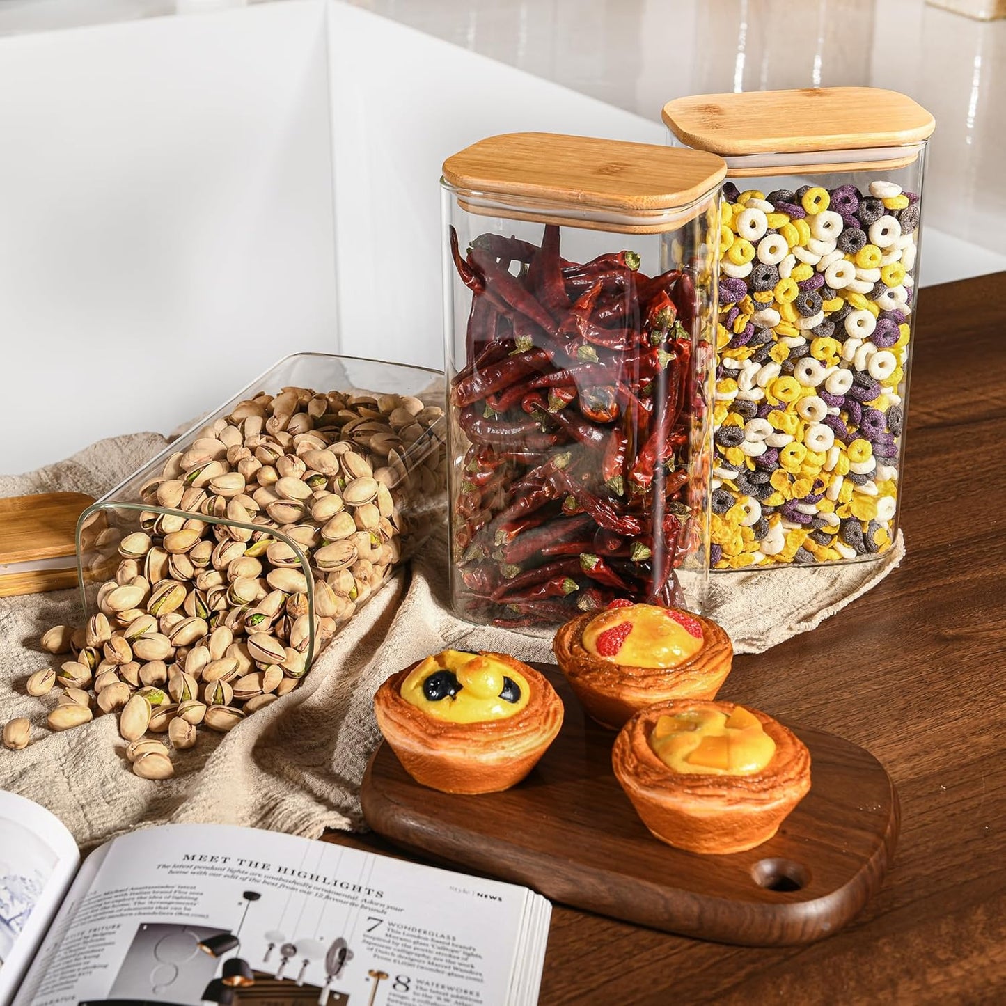 56oz Rectangle Airtight Glass Storage Containers with Bamboo Lids (Set of 4), Square Food Storage Jar, Pantry Organizers for Oats, Cereal, Pasta and Coffee beans (with Black Lable)