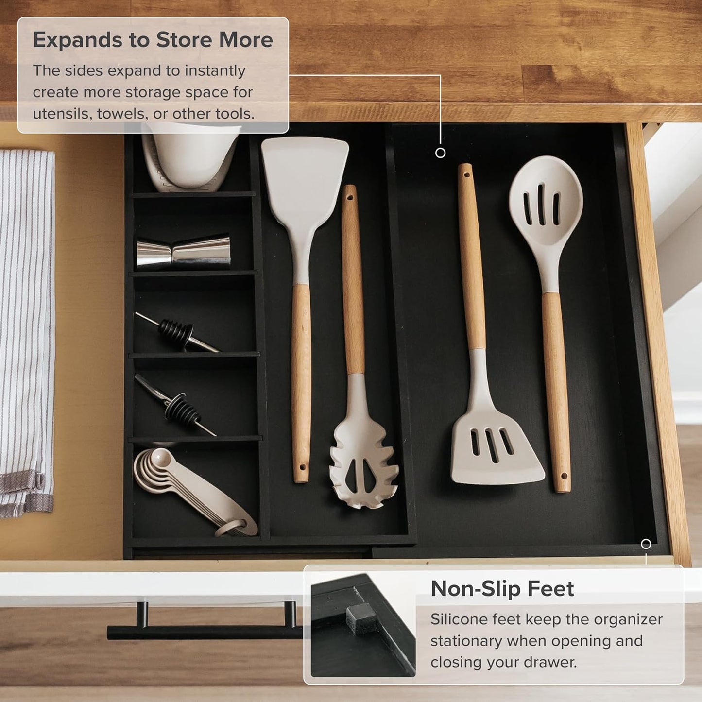 KitchenEdge Adjustable Kitchen Drawer Organizer for Utensils and Junk, Food-Safe Contract Grade with 100% Sustainable Wood, Expandable from 10.5 to 19 Inches Wide - Black Bamboo