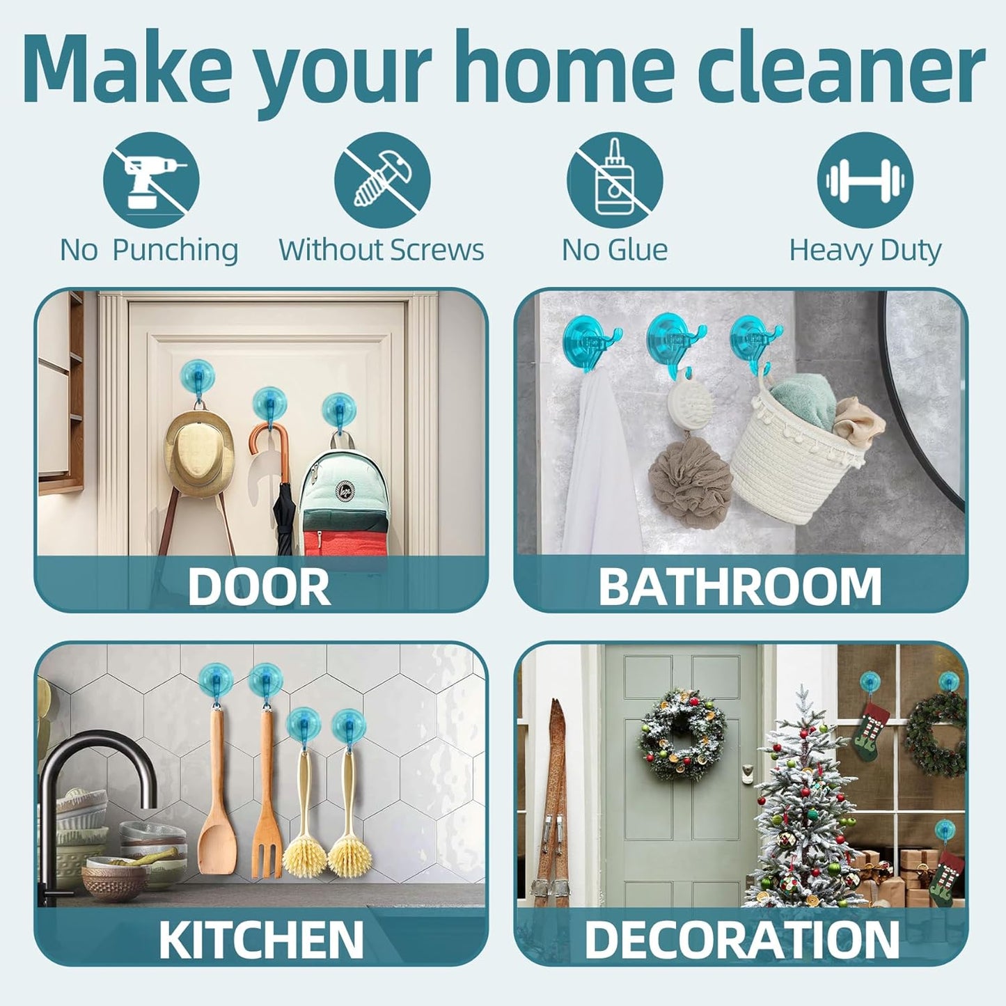 Antimbee Suction Cup Hooks,10 Pack Clear Shower Suction Hooks, Heavy Duty Vacuum Suction Cups, Removable Reusable Bathroom Suction Hook for Window, Tile Wall, Glass Door (Transparent Cyan)