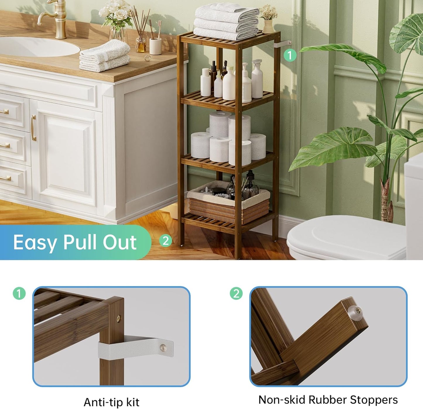 SMIBUY Bathroom Storage Shelf, 4-Tier Bamboo Rack Organizer, Multifunctional Shelving Unit for Living Room Bedroom Kitchen (Walnut)