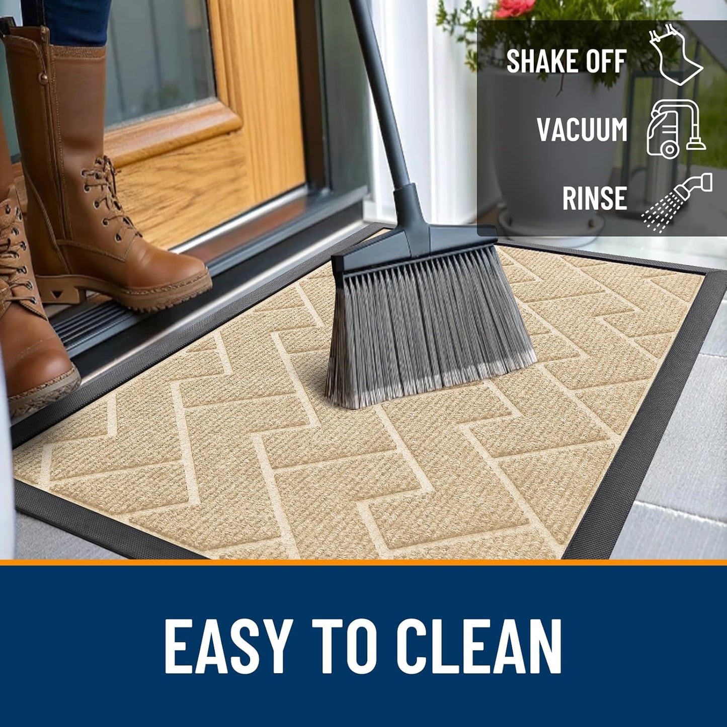 OLANLY Front Door Mat Indoor Outdoor Entrance, Waterproof All-Season, All-Weather Doormat, Sturdy Natural Rubber, Low Profile, Easy Clean Patio Porch Entryway Mat, Herringbone Brick (Beige, 59x23)