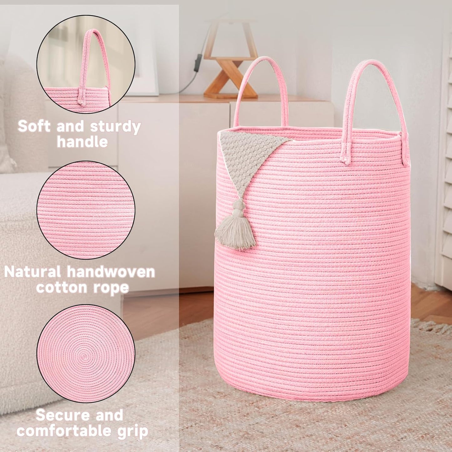 Large Woven Laundry Basket Hamper,100L Cotton Rope Storage Bin for Blankets,Toys and Clothes,Decorative Tall Nursery Hamper for Living Room,Baby Nursery,Bathroom and Bedroom,Pink