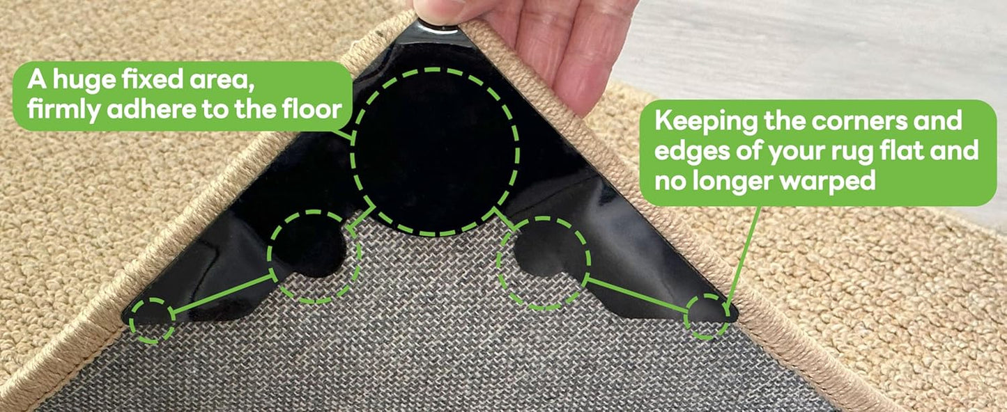 Rug Non Slip Grippers, Reusable Rug Tape Pads for Hardwood Floors and Tiles, Strong Carpet Gripper for Area Rugs, No Damaging for Floor, 8Pcs