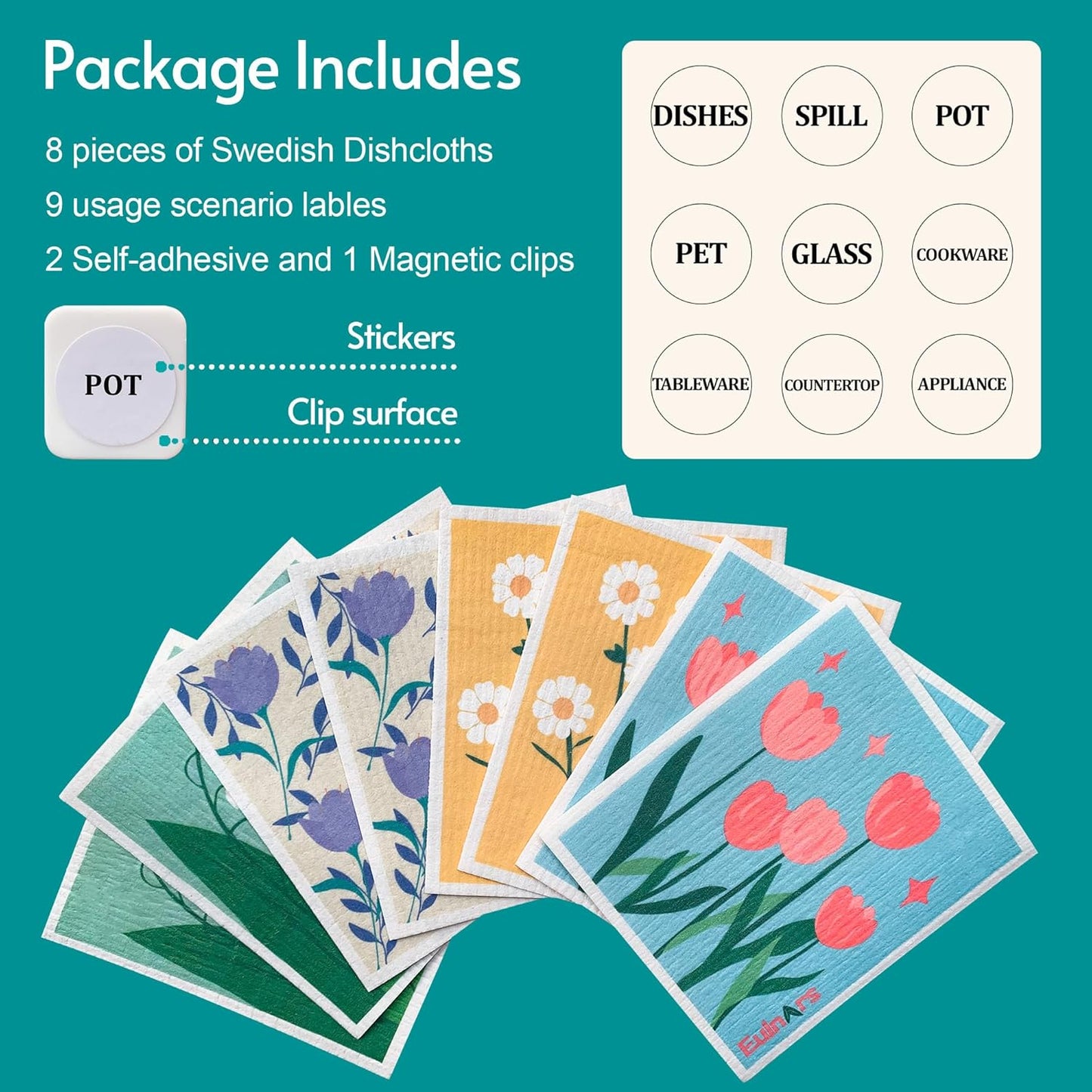 Swedish Dishcloths, 8 Pack Reusable Paper Towels with Clips, Non-Scratch Swedish Dish Towels for Kitchen, Super Absorbent Cellulose Dish Cloths, No Odor Cleaning Rags