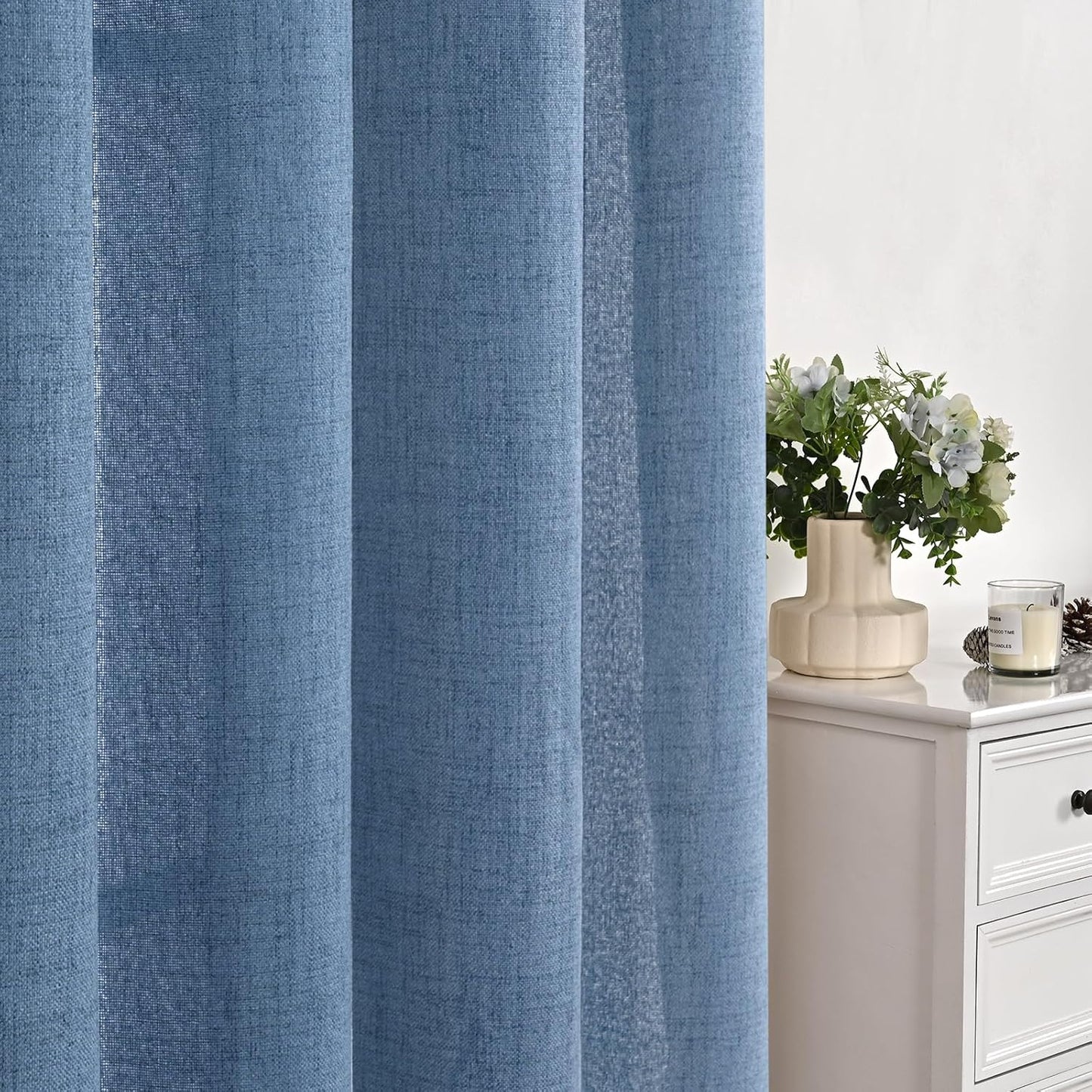YoungsTex Denim Blue Linen Semi Sheer Curtains 84 Inches Long for Living Room 2 Panels, Light Filtering Drapes with Rod Pocket Back Tab Privacy for Bedroom Dining Room Office, 52 x 84 Inch