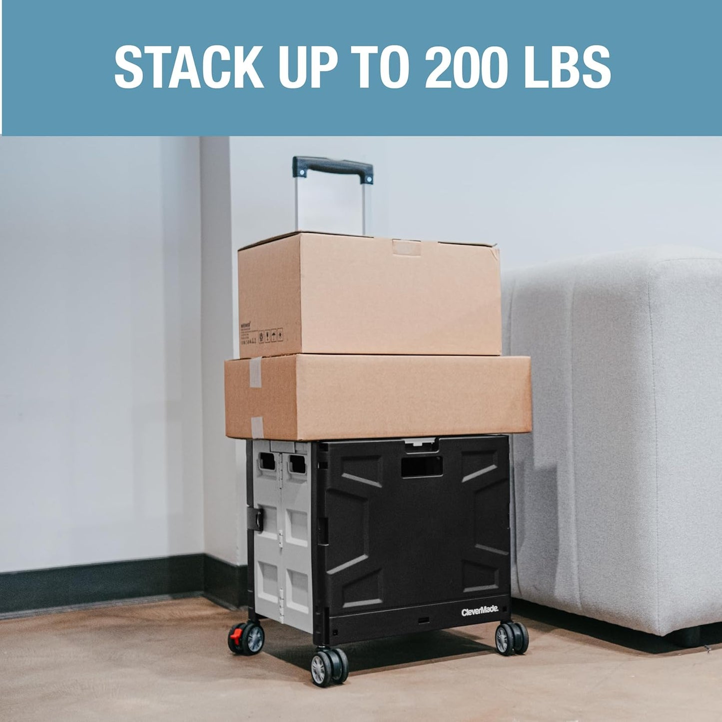 CleverMade Collapsible Wheeled Crate with Lid, 4-Wheels - Swivel and Glide Rolling Crate with Handle and Double Wheels for Easy Transport and Versatile Use - 35L and 75lb Capacity, Black/Cream