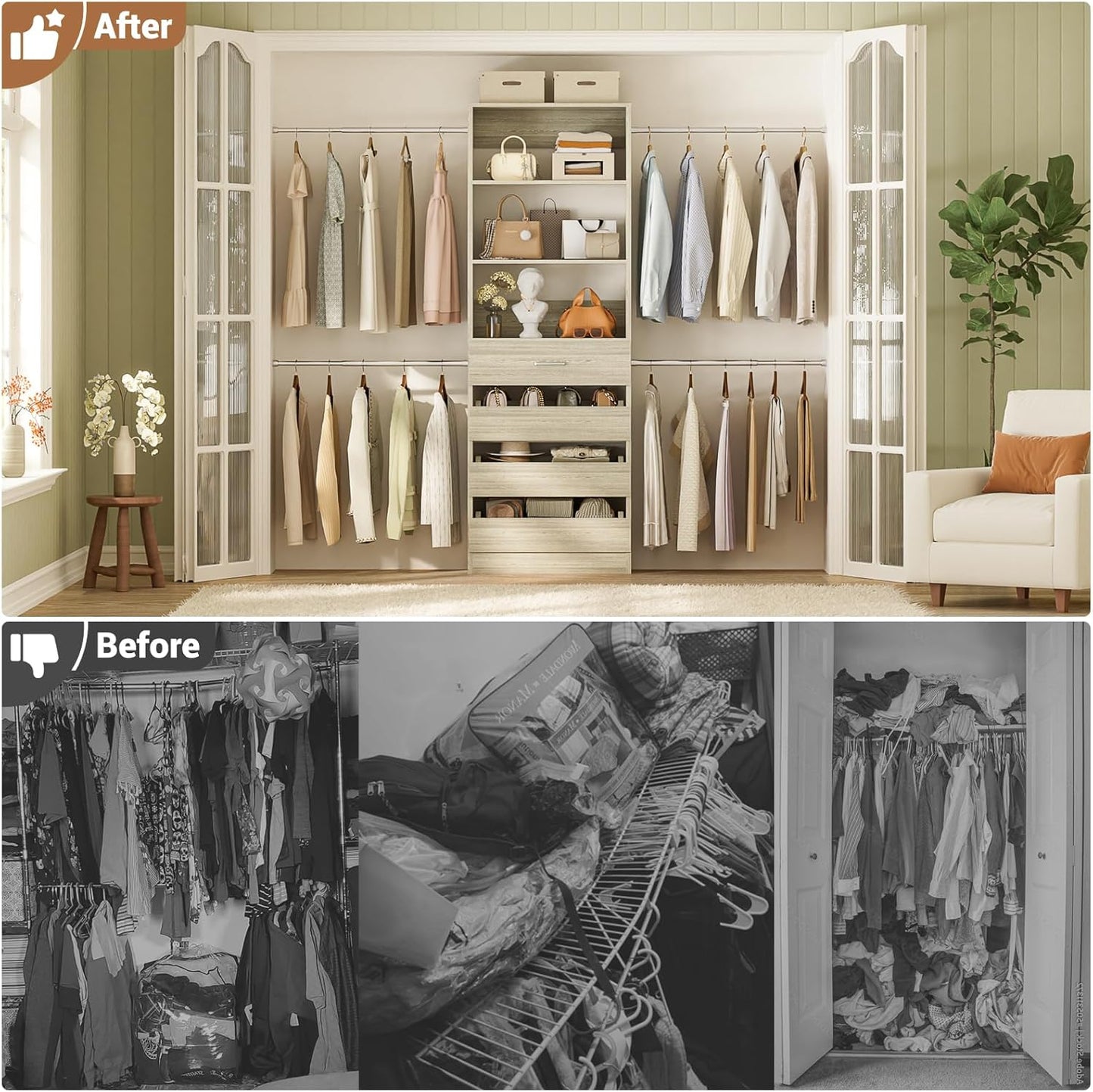 Aheaplus Closet System, 4-9Ft Closet Organizer with 4 Wooden Drawers, Wood Closet Organizer System with Tower, Walk-in Closet Organizer Wardrobe Garment Clothes Rack with 4 Hanging Rods, 2White Oak