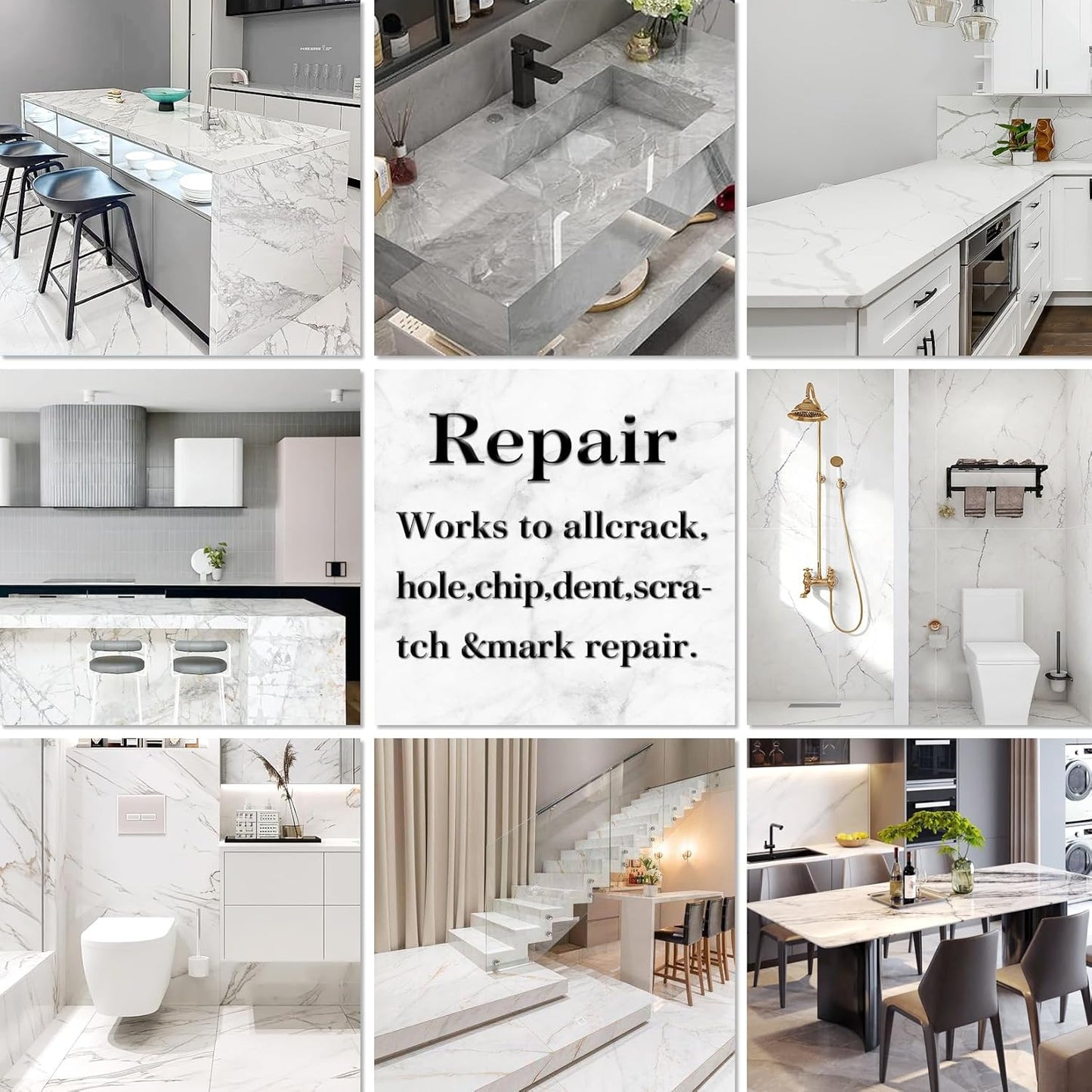 Tile and Granite/Marble Repair Kit, Porcelain Stone and Quartz Countertops Repair Kit for Chips Dents Cracks Holes Scratch, Fix Chipped Edges Corners, Reattaches Missing Pieces