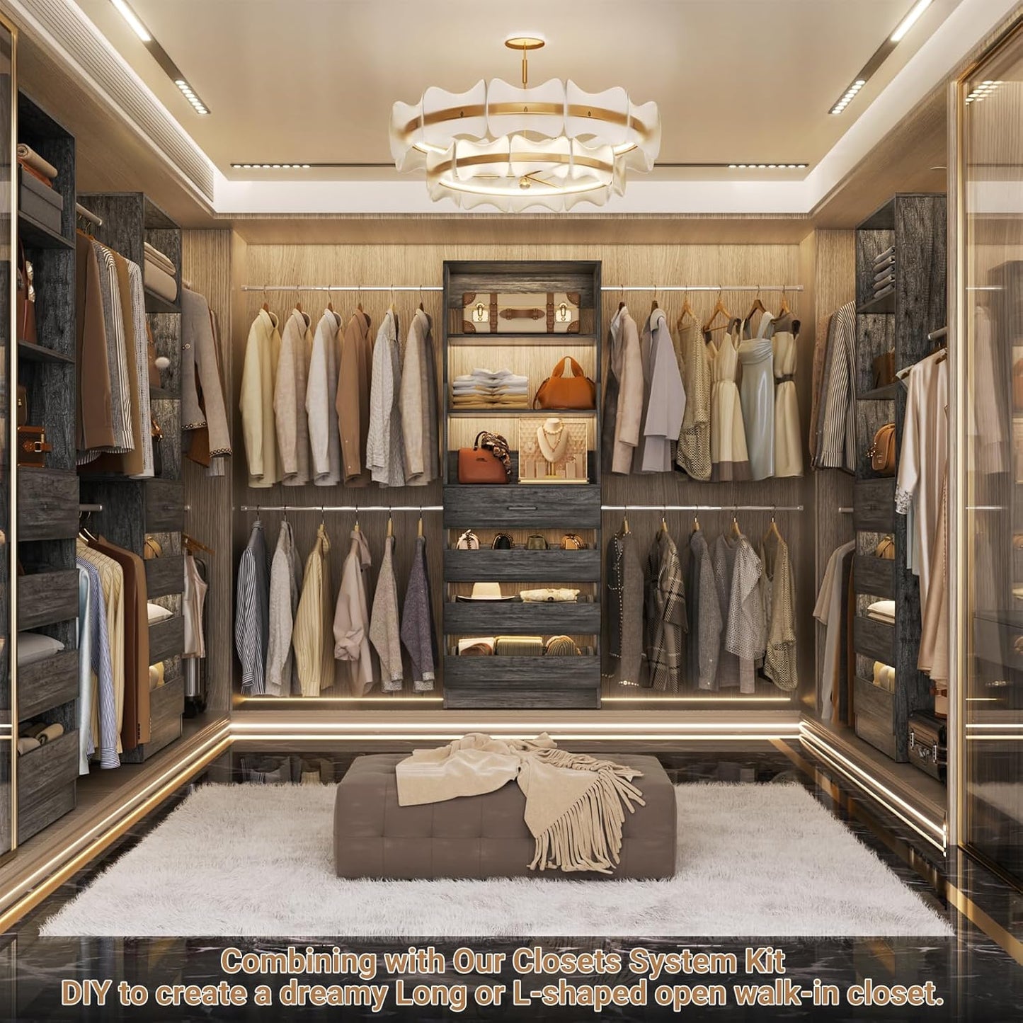 Aheaplus Closet System, 4-9 Ft Closet Organizer with 4 Wooden Drawers, Wood Closet Organizer System with Tower, Walk-in Closet Organizer Wardrobe Clothes Rack with 4 Hanging Rods, Black Oak