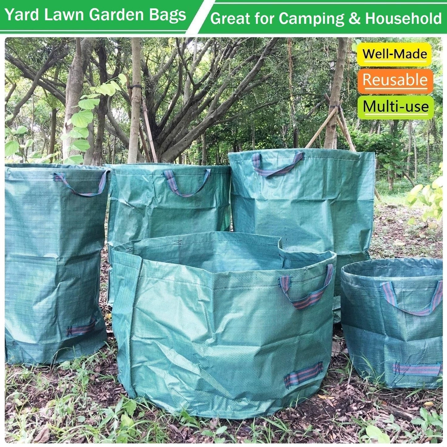 Standard 3-Pack 32 Gallons Yard Garden Bags (D18, H30 inches) with Gardening Gloves, Standable Reusable Leaf Bags,Plant Trimming Bag,Yard Waste Bags,Trash Container,Lawn Grass,Weeds Bag w/ 4 Handles