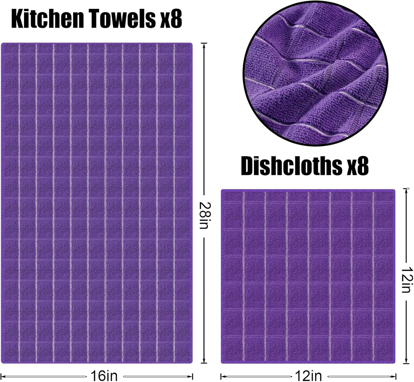 Homaxy Microfiber Kitchen Towels and Dishcloths Set, 16 Pack Soft and Absorbent Dish Hand Towels Bulk, 28 x 16 Inch & 12 x 12 Inch Quick Drying Rags for Washing Dishes, Purple