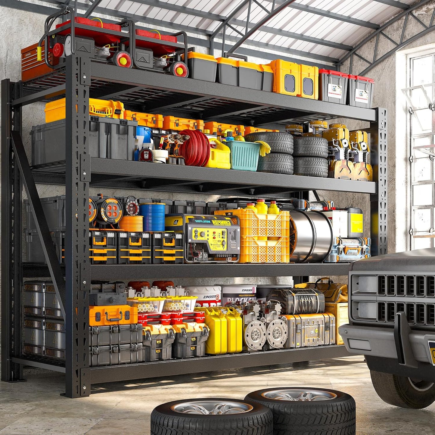 Bepatio 9400LBS Storage Shelves Heavy Duty Garage Shelving 67.6''W 4 Tier Adjustable Metal Shelving Unit, Steel Industrial Shelf for Warehouse Basement Commercial, 67.6''Wx23.7''Dx72''H, Black