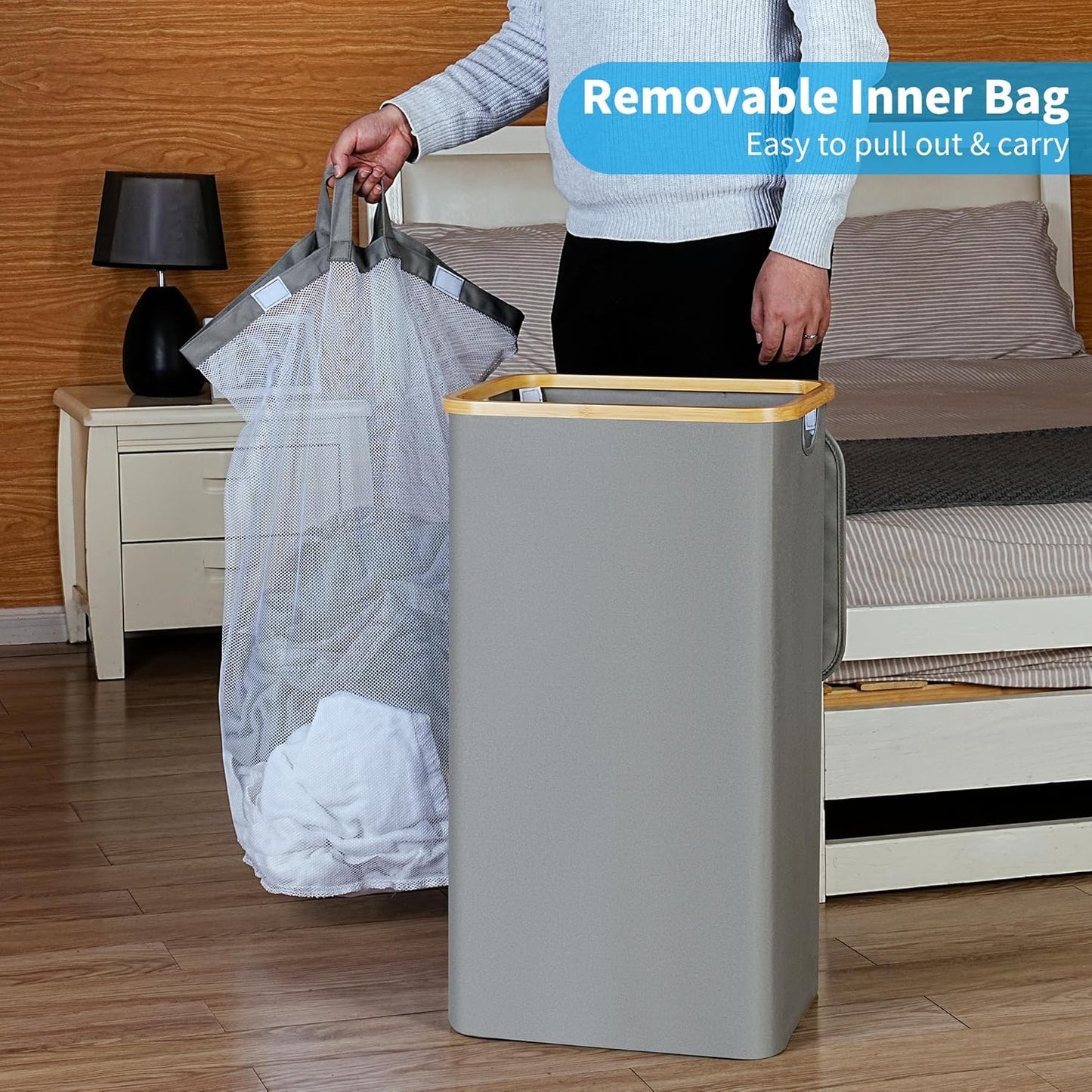 efluky Laundry Basket with Lid and Removable Bag, 100L Tall Laundry Hamper with Bamboo Handles, Aesthetic Dirty Clothes Bin for Laundry Room, Bathroom, Bedroom and Dorm, Silver Grey