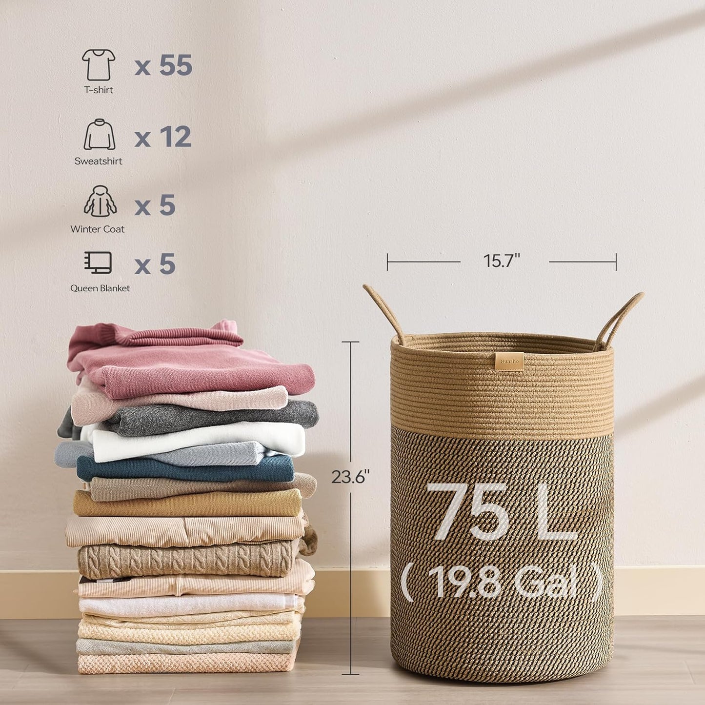 Laundry Hamper 75L,Large Laundry Basket for Clothes,Decorative Storage Basket for Blankets,Cotton Rope Woven basket for bedroom,Dark Brown