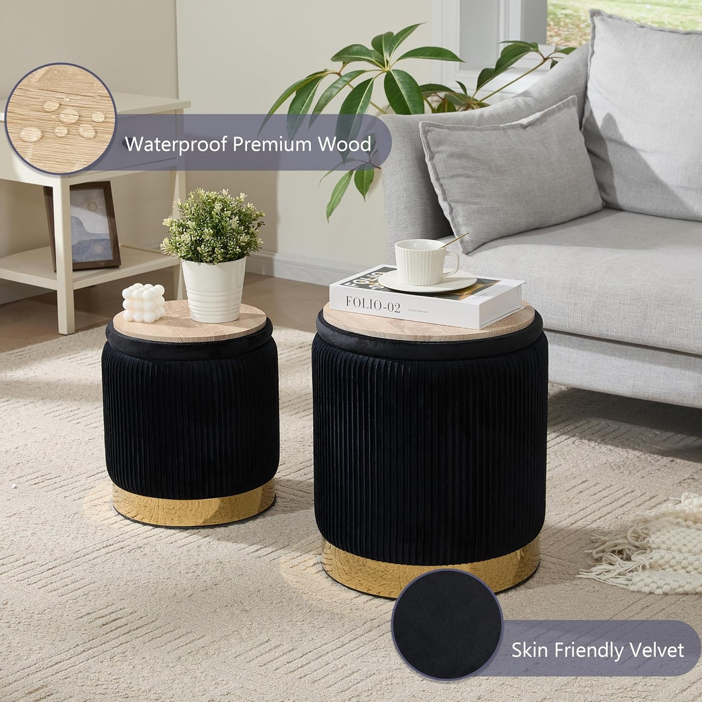 Royal Windsor Round Ottoman with Storage Set of 2, Vanity Stool with Storage for Bedroom, Ottoman Coffee Table Gold-Tone Ring Around The Base, Small Velvet Foot Stool for Living Room, Black