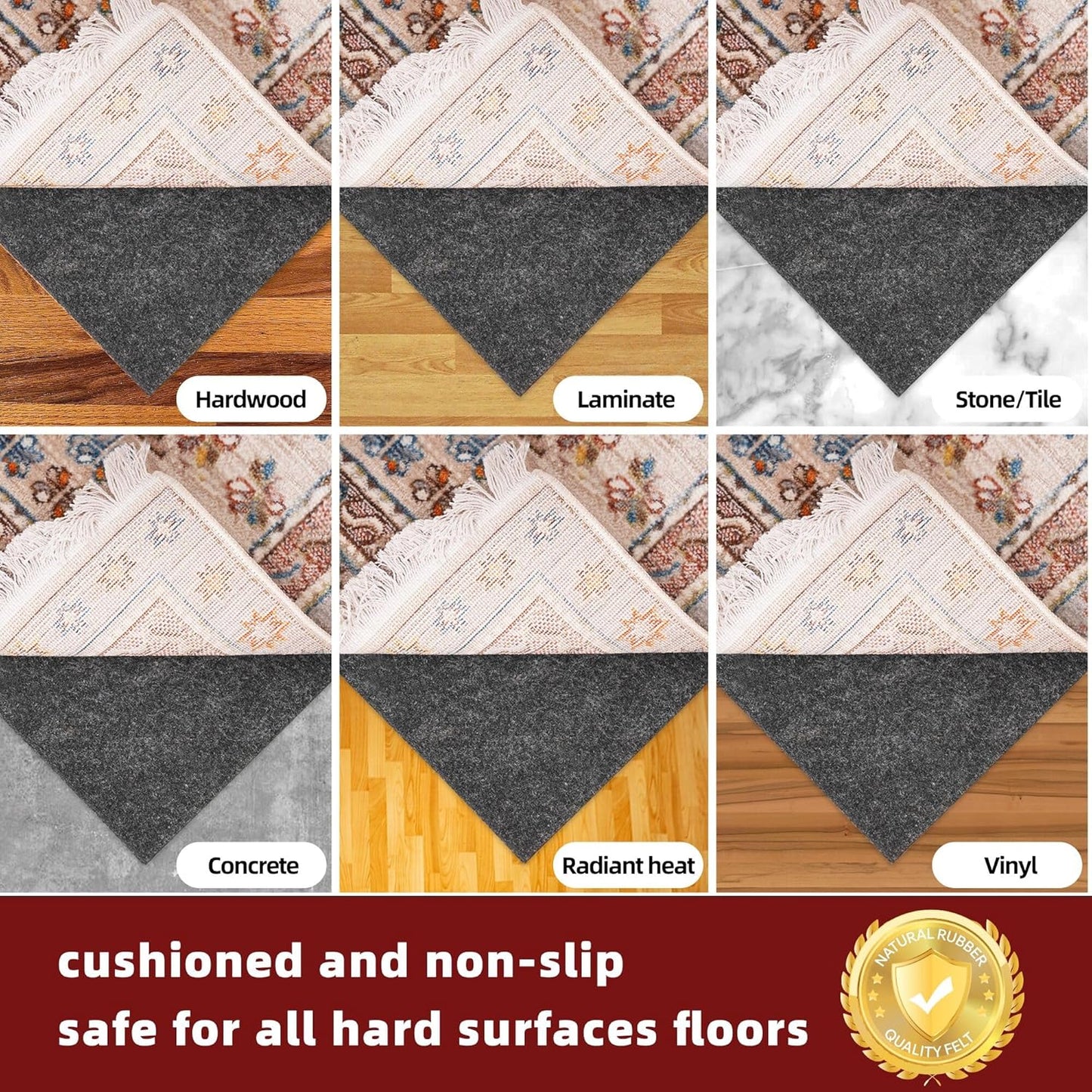 BAGAIL Felt and Natural Rubber Backing Rug Pads 1/8” Thick, 2 x 6 Ft Non Slip Rug Gripper Keep Rugs in Place, Under Area Rug Protective Cushioned Pads, Carpet Runners, Hardwood Floors Protection