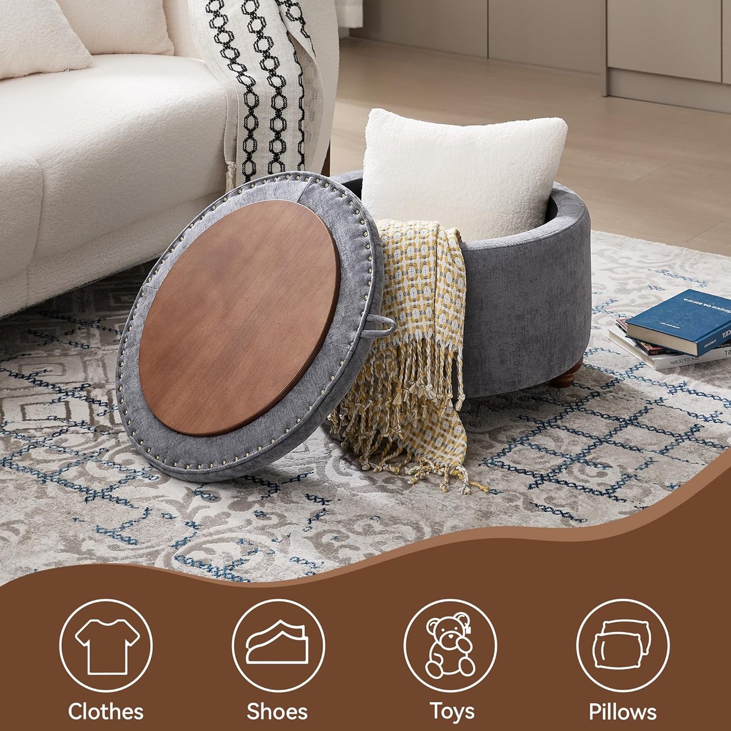 24Inch Round Storage Ottoman with Tray, Modern Tufted Circle Coffee Table with Storage, Upholstered Ottoman with Removable Top for Living Room, Bedroom, Chenille Blue