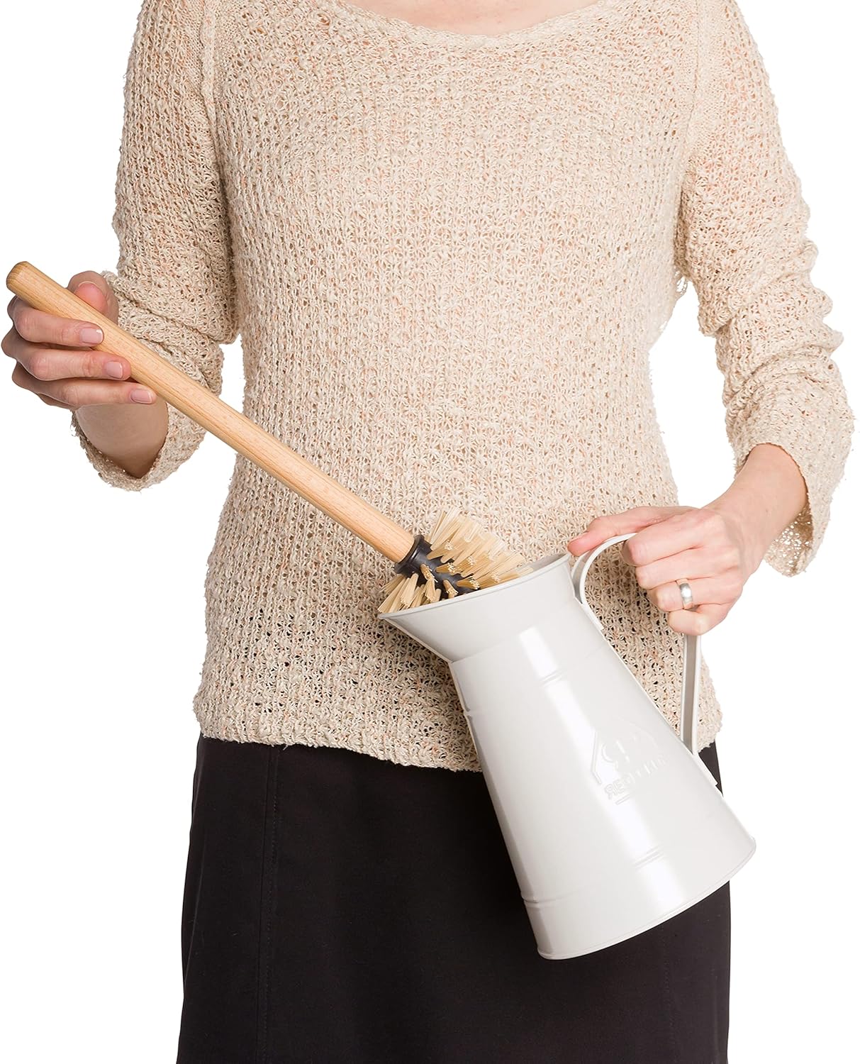 Redecker White Coated Metal Toilet Brush Set with High Grade Nylon Toilet Brush with Oiled Beechwood Handle, Replaceable Head, Vintage Design with Handle and Spout, Made in Germany