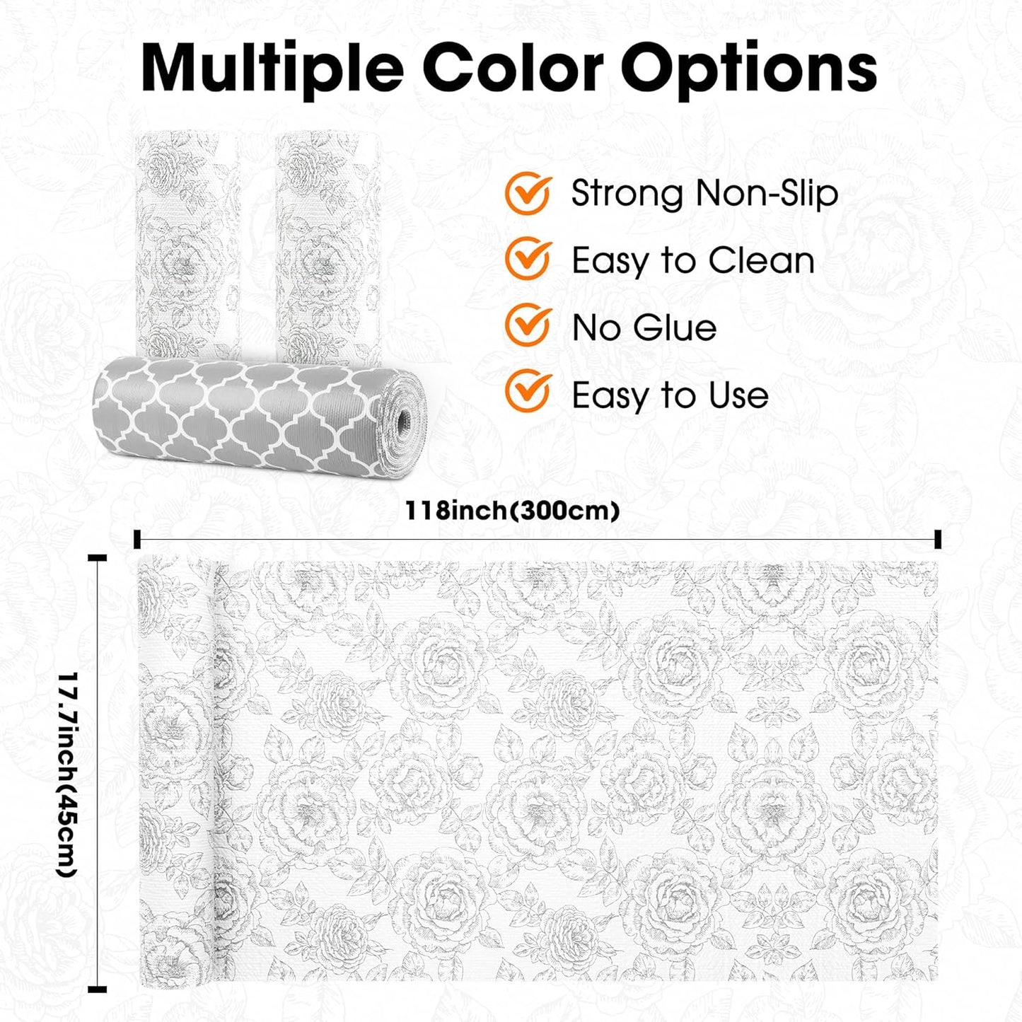 Drawer and Shelf Liner for Kitchen Cabinets Non-Adhesive Cabinet Liners for Shelves Strong Grip Non Slip Waterproof Cupboard Liner for Dresser Refrigerator, Bathroom, Flower,17.5IN X 10FT
