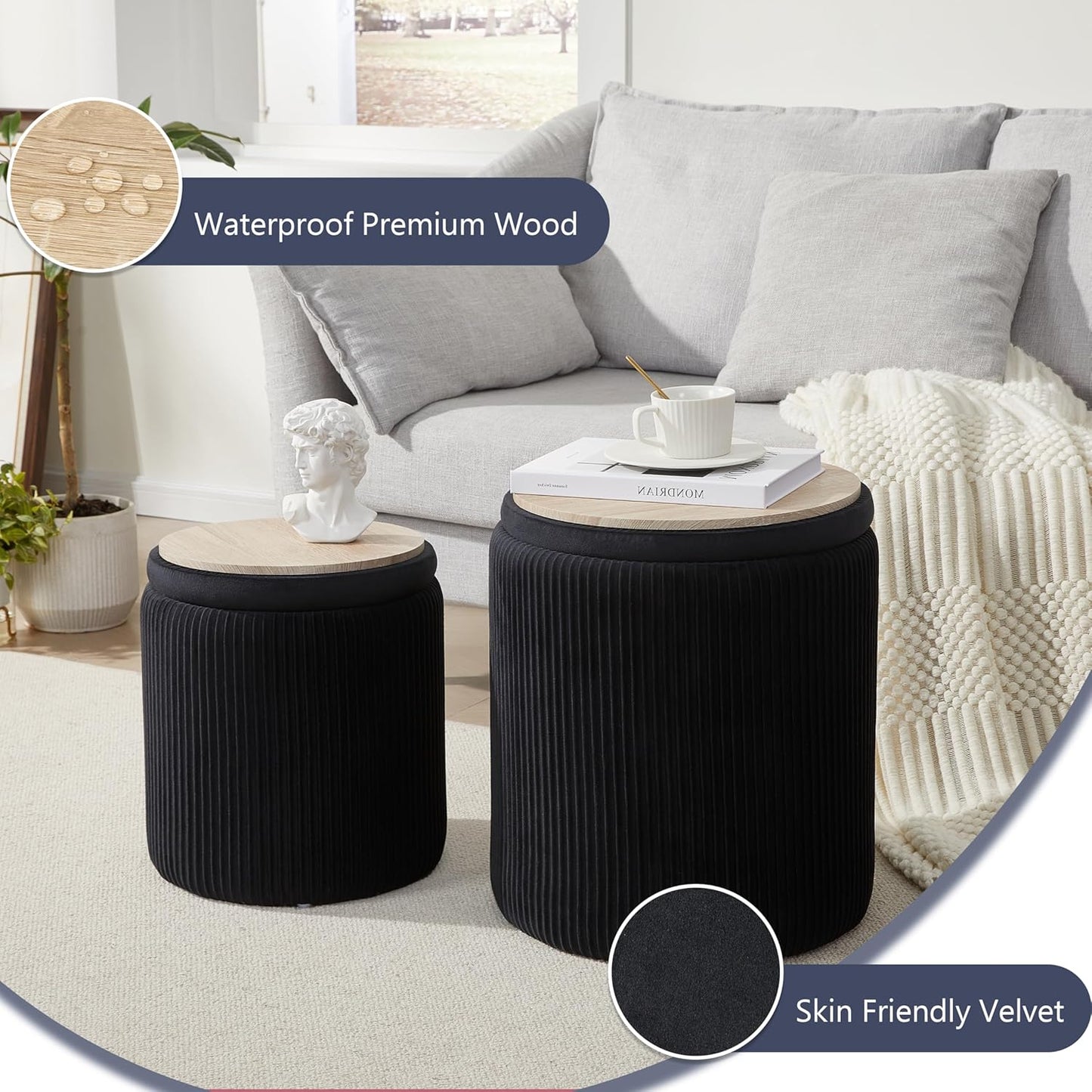 Royal Windsor Round Ottoman with Storage Set of 2,Vanity Stool with Storage for Bedroom, Ottoman Coffee Table,Small Velvet Foot Stool for Living Room, Black