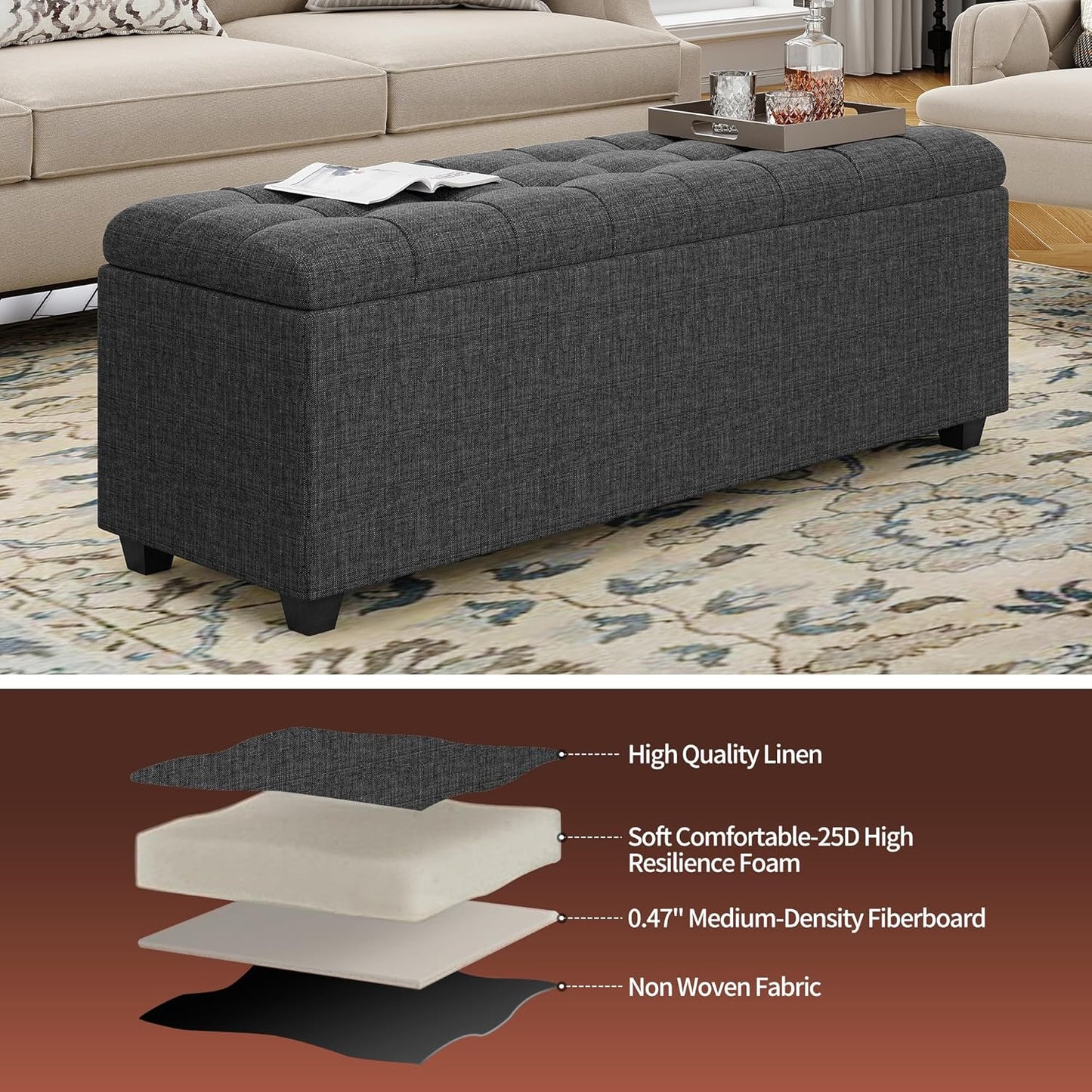 Ottoman with Storage 38 inches, Furniture End of Bed Storage Benches, Long Ottomans Bench with hinged lid, Bench seat Trunk for Foot Rest in Bedroom, Living Room (Dark Grey)