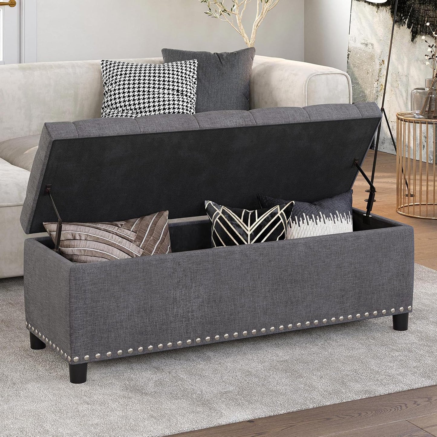 BELLEZE 47" Storage Ottoman, Storage Bench with Safety Close Hinge, Linen Button-Tufted Ottoman for Living Room, Entryway, Hallway, Foot Rest, Support 300lbs - Gray