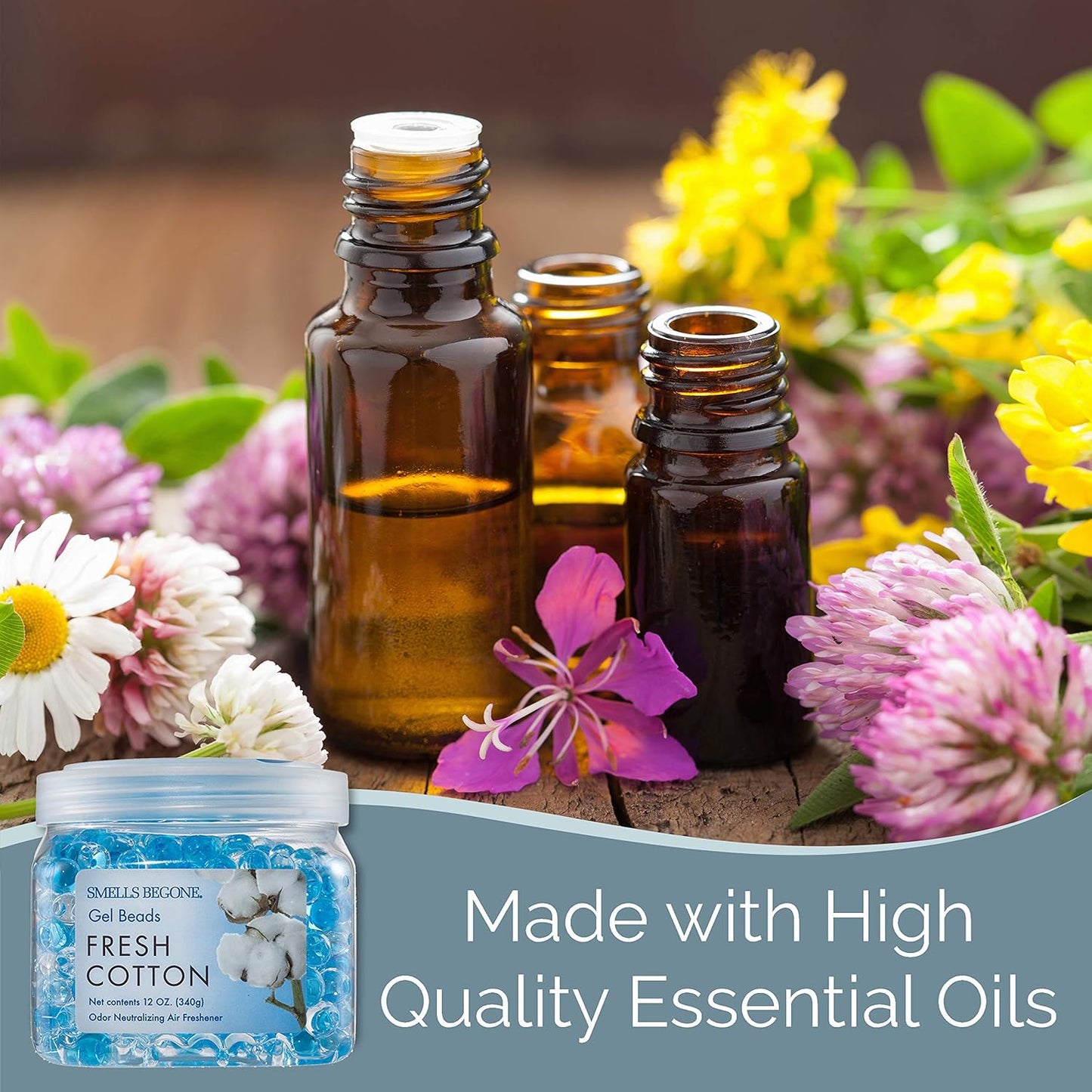 SMELLS BEGONE Odor Eliminator Gel Beads - 12 oz, Pack of 2 - Eliminates Odor in Bathrooms, Cars, Boats, RVs & Pet Areas - Air Freshener - Made with Essential Oils - Fresh Cotton Scent