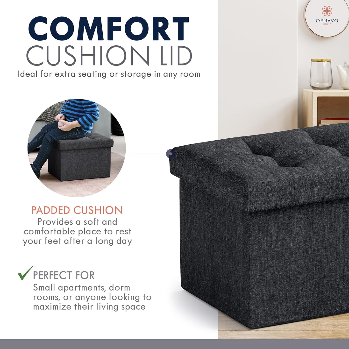 Ornavo Home Small Storage Ottoman Foldable Collapsible Rectangle Linen Ottoman Foot Rest Stool Seat, for Living Room, Bedroom, Home Office, Dorm - 12 x 16 x 12, Black