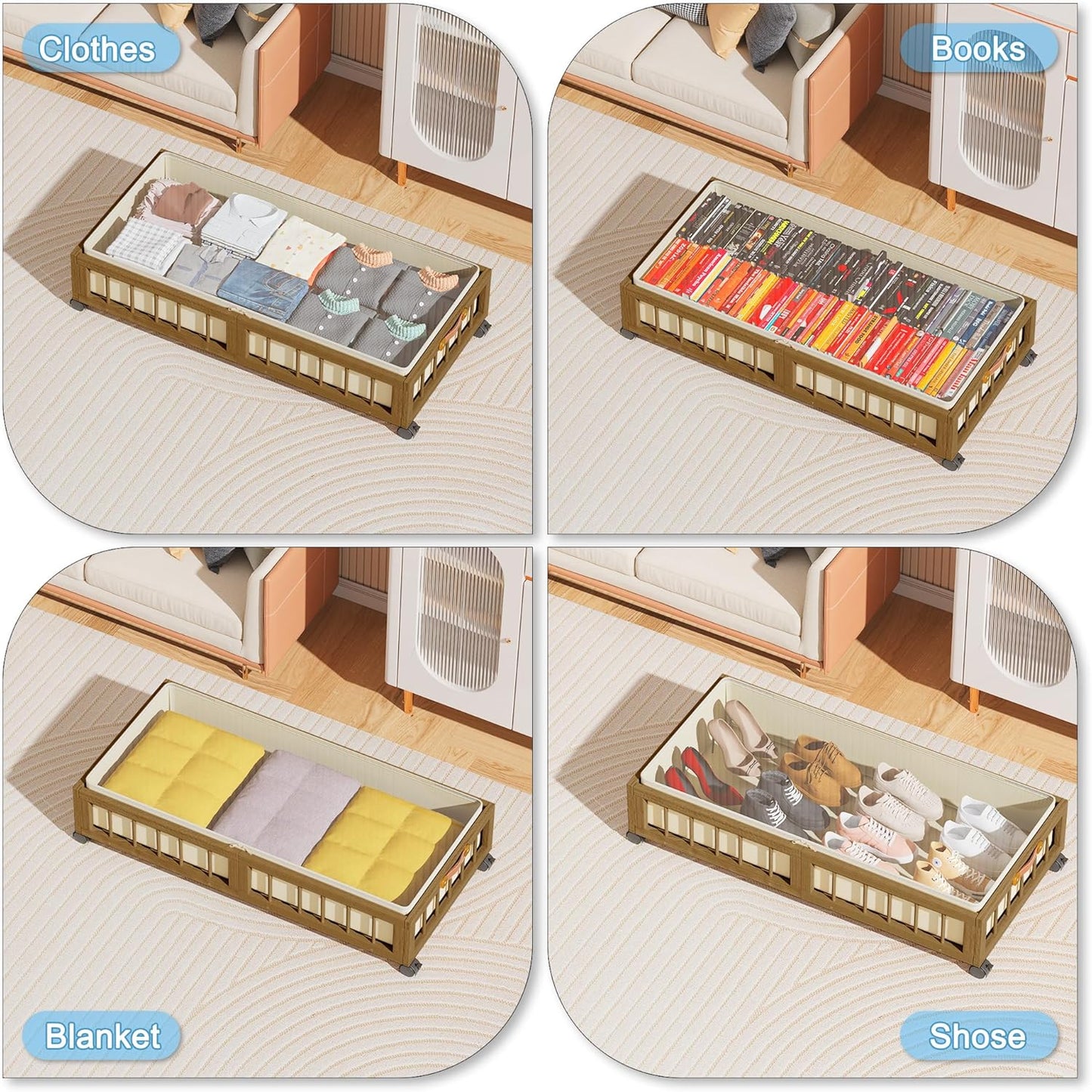 efluky 2-Pack Bamboo Under Bed Storage with Wheels, Rolling UnderBed Storage Basket with Large Dust Bag, Under Bed Storage Containers for Bedroom, Dorm and Basement, Brown