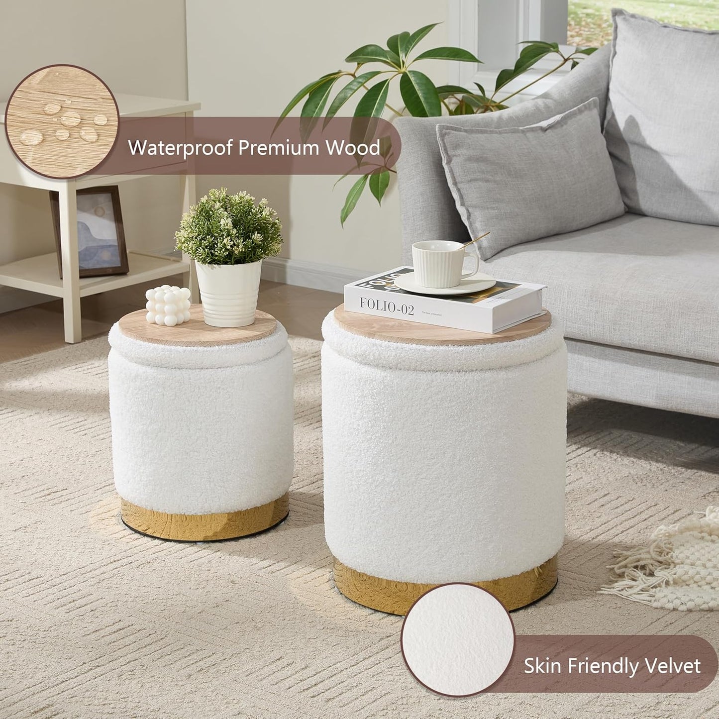 Royal Windsor Boucle Round Ottoman with Storage Set of 2, Vanity Stool with Storage for Bedroom, Ottoman Coffee Table Gold-Tone Ring Around The Base, Small Foot Stool for Living Room, White