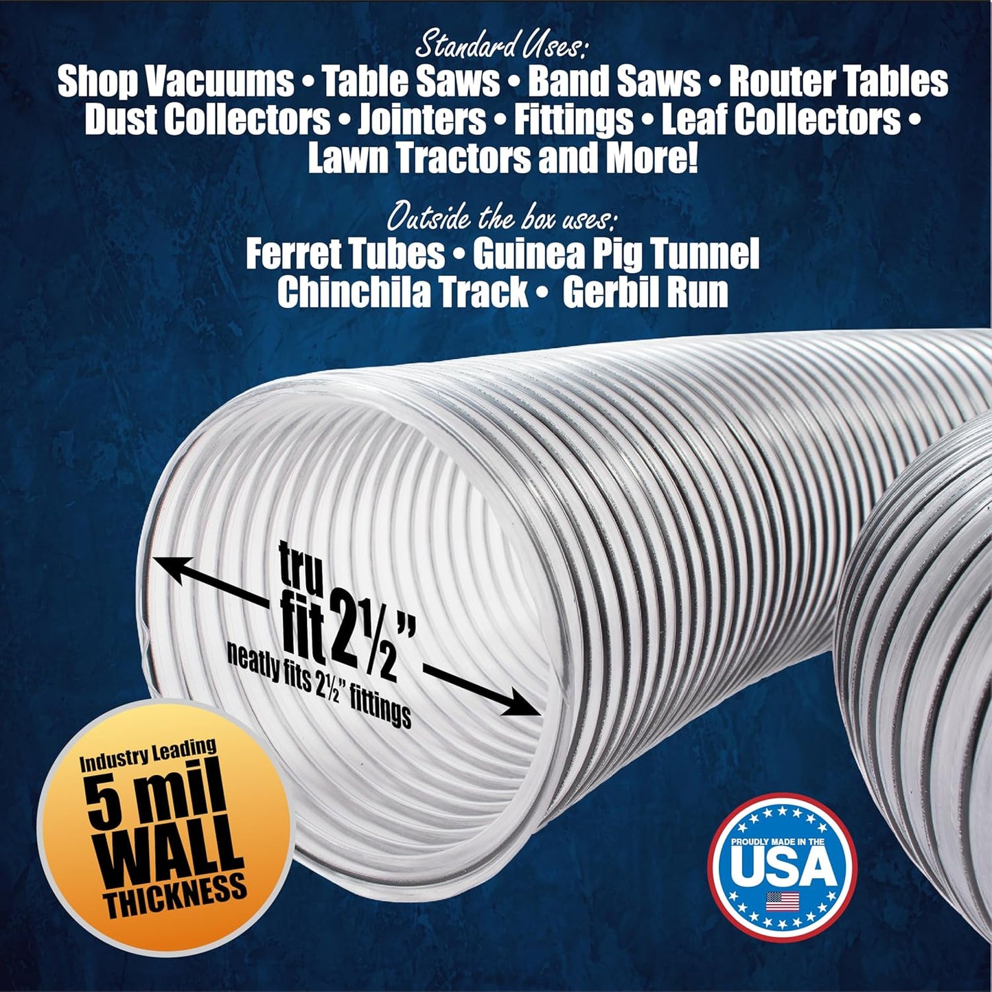 PVC Dust Collection Hose w/4 Thumbscrew Clamps, Puncture Resistant, Carbon Steel Wire, Clear Flexible PVC Dust Collector Hose, Proudly Made in USA (2 1/2" x 50')