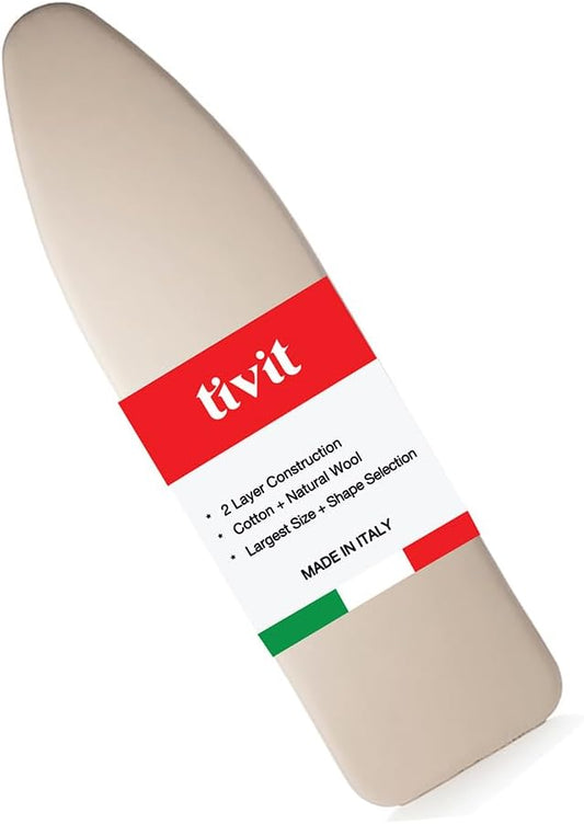TIVIT Ironing Board Cover 18 x 49 - Made in Italy - Wide Chemical Free Eco-Friendly Padded Covers - Unbleached, Untreated Natural Cotton & Wool Pad - 2 Layer, 3 Fastener Straps, Pull Bungee Cord