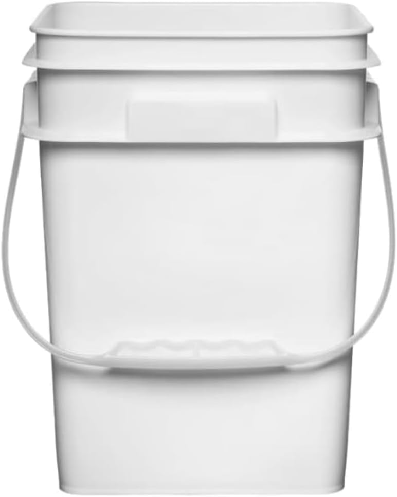House Naturals 4 Gallon Square Food Grade Bucket Pail with Plastic Handles and Lid (Pack of 3) Made in USA containers (White - Blue lids)