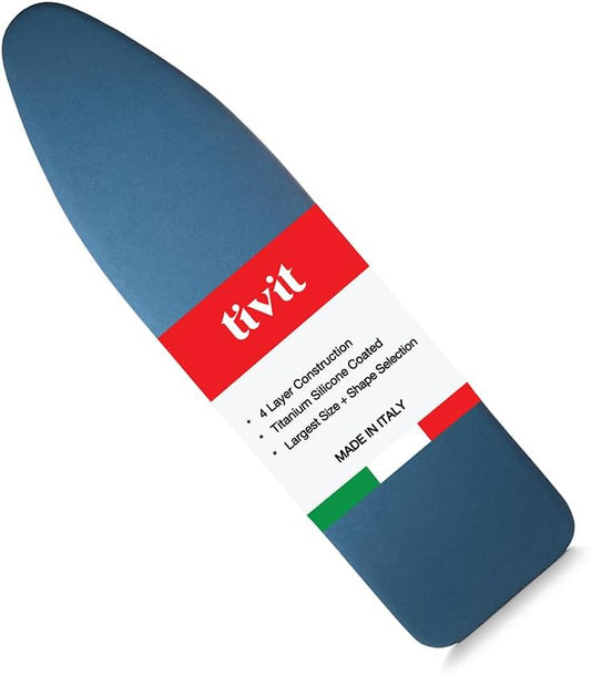 TIVIT Ironing Board Cover 18 x 57, Made in Italy. Performance Grade Titanium Coated Pro Grip Pad & Covers - Superior Scorch & Stain Resistance, High Heat Reflection, 3 Padded Layers 3 Fastener Straps
