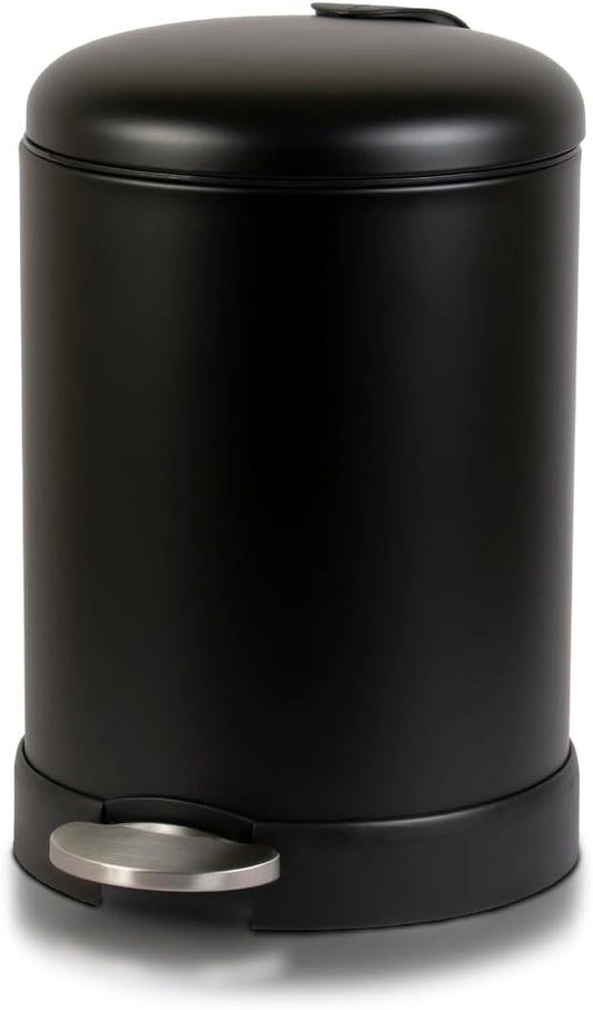 Glad Small Trash Can, 1.2 Gallon | Round Stainless Steel Garbage Bin with Soft Close Lid & Step Foot Pedal | Black Metal Waste Basket with Removable Inner Bucket, Matte Black