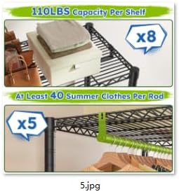 Raybee Clothes Rack Heavy Duty，Clothing Racks for Hanging Clothes with 5 Adjustable Hanging Rods, Metal Garment Rack for Bedroom, Laundry Room, Apartment,Gloss Black