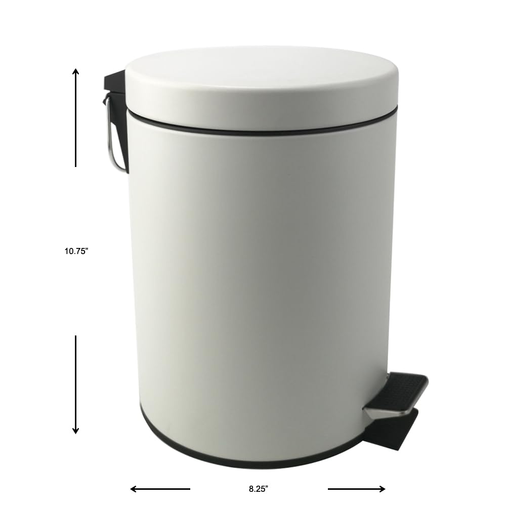 Stainless Steel Small Trash Can with Lid & Step Pedal - 5 Liters/1.3 Gallon Soft Close Waste Basket with Removeable Inner Bucket - Garbage Can for Bathroom, Bedroom, Kitchen & Office (White)