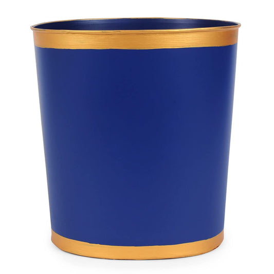 Jaye's Studio Mattie Line, Oval Wastebasket & Garbage Bin, Gold Trim & Finish, Hand-Painted, Handcrafted Metal, Trash Bin for Bedroom, Office, Bathroom, 12" x 10" x 8" (Navy)