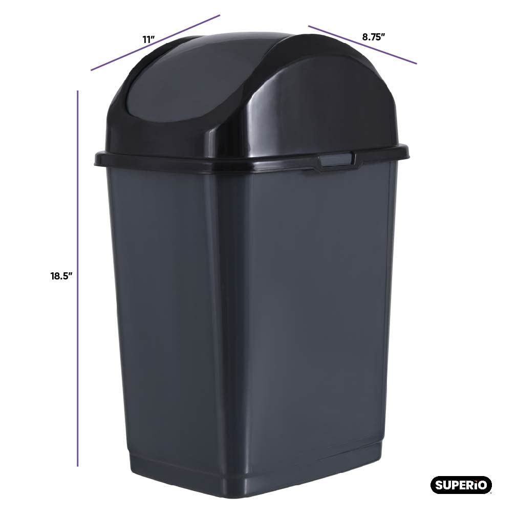 Superio Medium Trash Can with Lid 4.5 Gallon Plastic Swing Top Garbage Can Slim Waste Bin for Under Sink/Cabinet, Laundry Room, Kitchen, Office, Bedroom, Bathroom, College Dorm, 18 Qt, Grey