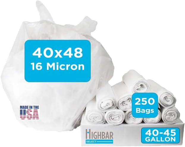 Clear Trash Bags,40-45 Gallon Trash Bags, 40" x 48", 250 Count, 16 Micron, High Density, Ideal for Janitors, Facility Managers, Industrial, Recycling
