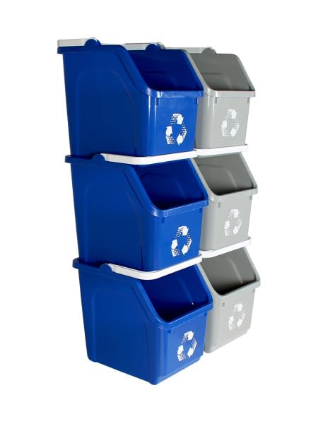 Multi Bin Recycling System with Six Stackable 6 Gallon Recycle Bins to Build Your Recycling Center for Offices, Kitchen, Garages, Businesses - (6 Pack, Blue/Grey)
