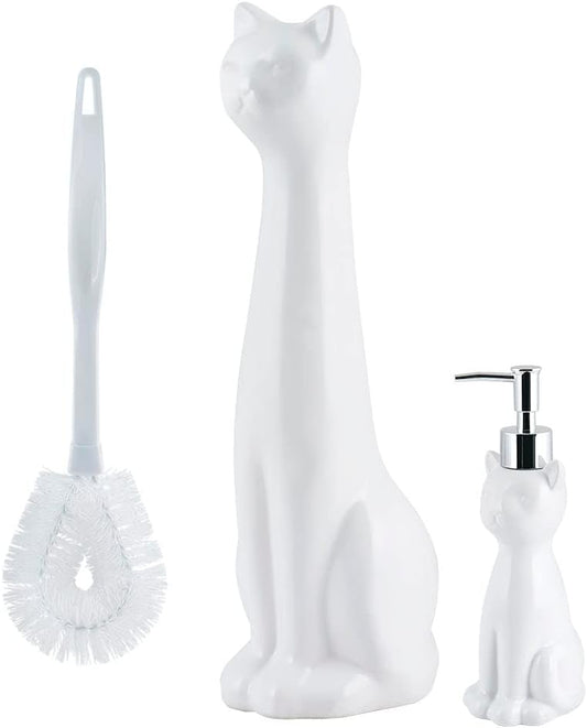 Allure Home Creation Cat 3-Piece Ceramic Toilet Brush Holder & Soap Dispenser - White Plastic Scrub Brush Included