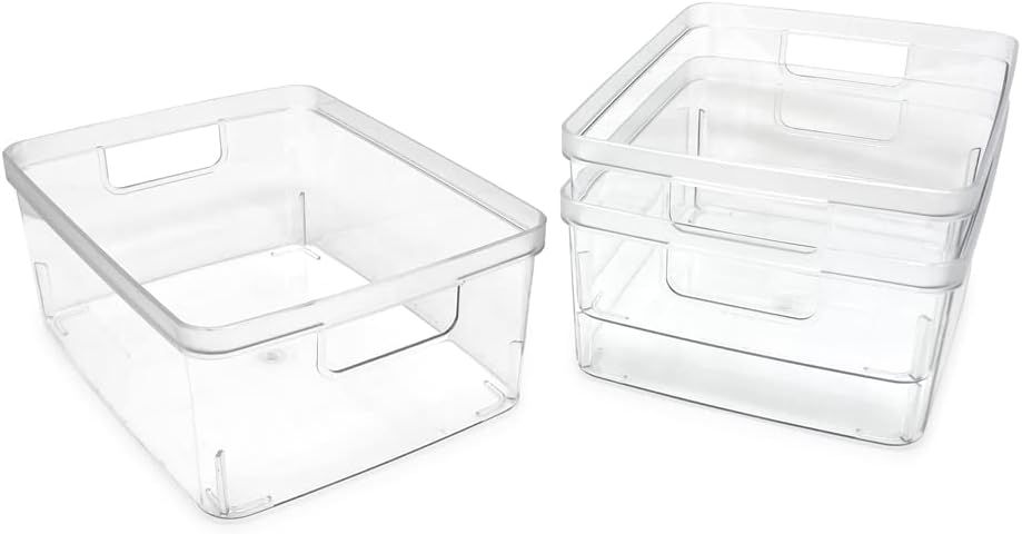 Isaac Jacobs 3-Pack Medium Clear Storage Bins (8” L x 10” W x 4.25” H) w/Cutout Handles, Plastic Organizer for Home, Office, Kitchen, Fridge/Freezer, Bathroom, BPA Free, Food Safe (3-Pack, Medium)