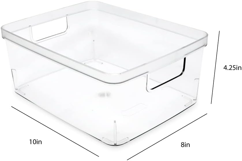 Isaac Jacobs 3-Pack Medium Clear Storage Bins (8” L x 10” W x 4.25” H) w/Cutout Handles, Plastic Organizer for Home, Office, Kitchen, Fridge/Freezer, Bathroom, BPA Free, Food Safe (3-Pack, Medium)