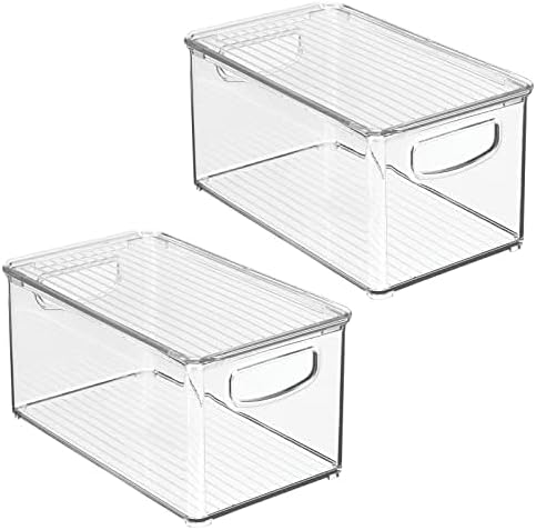 mDesign Plastic Deep Storage Bin Box Container with Lid and Built-In Handles - Organization for Fruit, Snacks, or Food in Kitchen Pantry, Cabinet, or Cupboard, Ligne Collection, 2 Pack, Clear