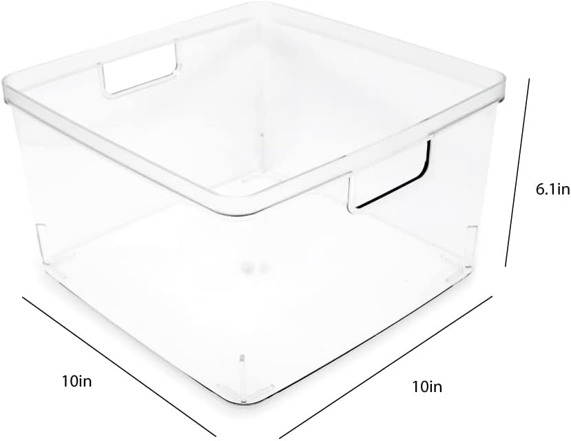 Isaac Jacobs 2-Pack Square Clear Storage Bins (10” L x 10” W x 6.1” H) w/Cutout Handles, Plastic Organizer for Home, Office, Kitchen, Fridge/Freezer, Bathroom, BPA Free, Food Safe (2-Pack, Square)