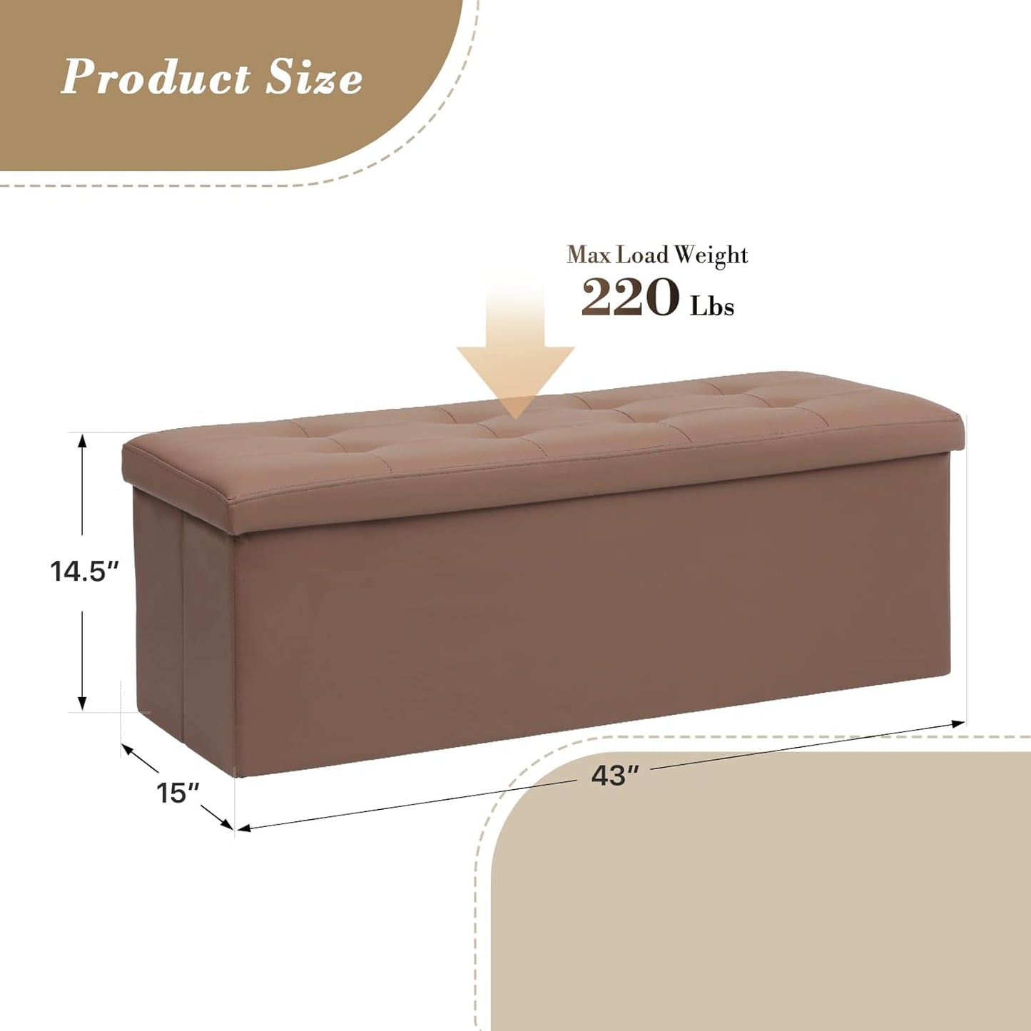 Athena Collection 43" Storage Ottoman Bench Folding Bench with 130L Hidden Storage, Large End of Bed Bench PU Leather Foot Rest Stool Chest with Flipping Lid for Living Room, Bedroom, Entryway, Brown